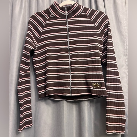 Nike tight fit women’s brown stripe full zip top size medium #09 50% OFF  W LIKE - Picture 1 of 4